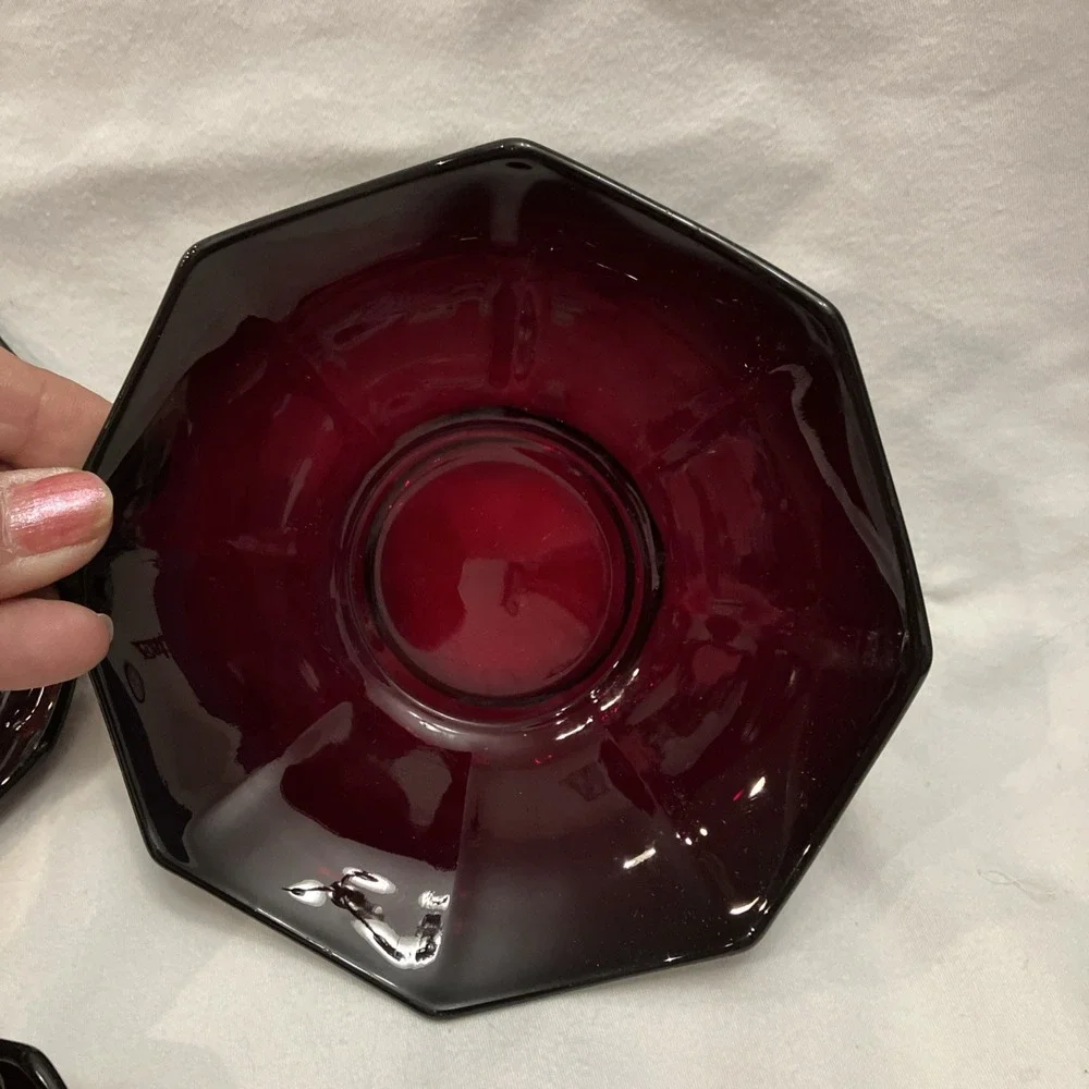 Vintage Ruby Red Glass Saucers Dessert Bowls Scallop Top Edge Lot of 3